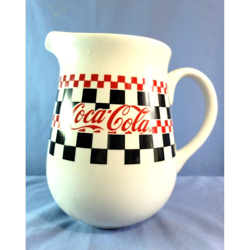 Coca-Cola Jug Checkerboard Pitcher Red White Black Jar 8'' Vintage Ceramic